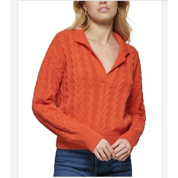 DKNY Cable Sweater XLARGE Knit pullover V-Neck Long-Sleeve Orange Tangerine NWT - Picture 2 of 9